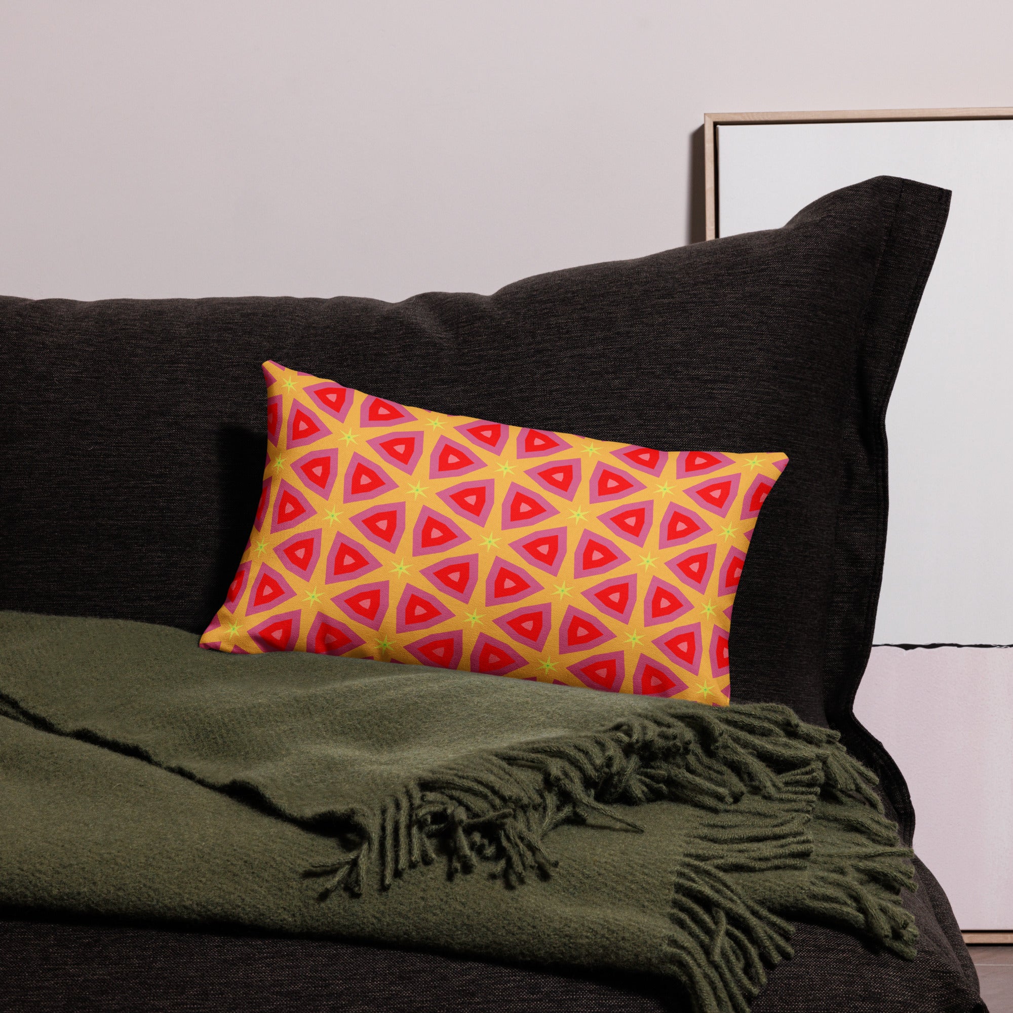 Geometric Harmony accent pillow in a contemporary living room setting.