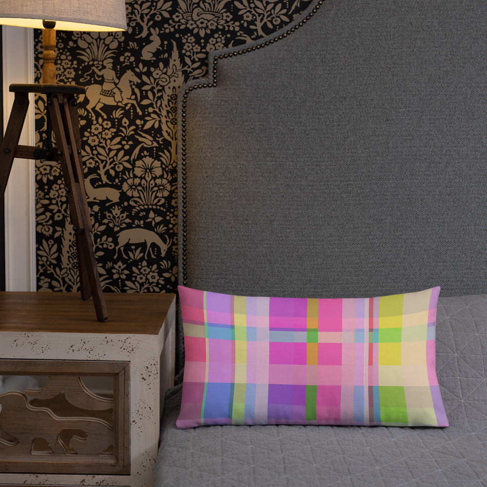 Colorful Rainbow Pillow in a modern home setting.