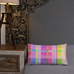 Colorful Rainbow Pillow in a modern home setting.