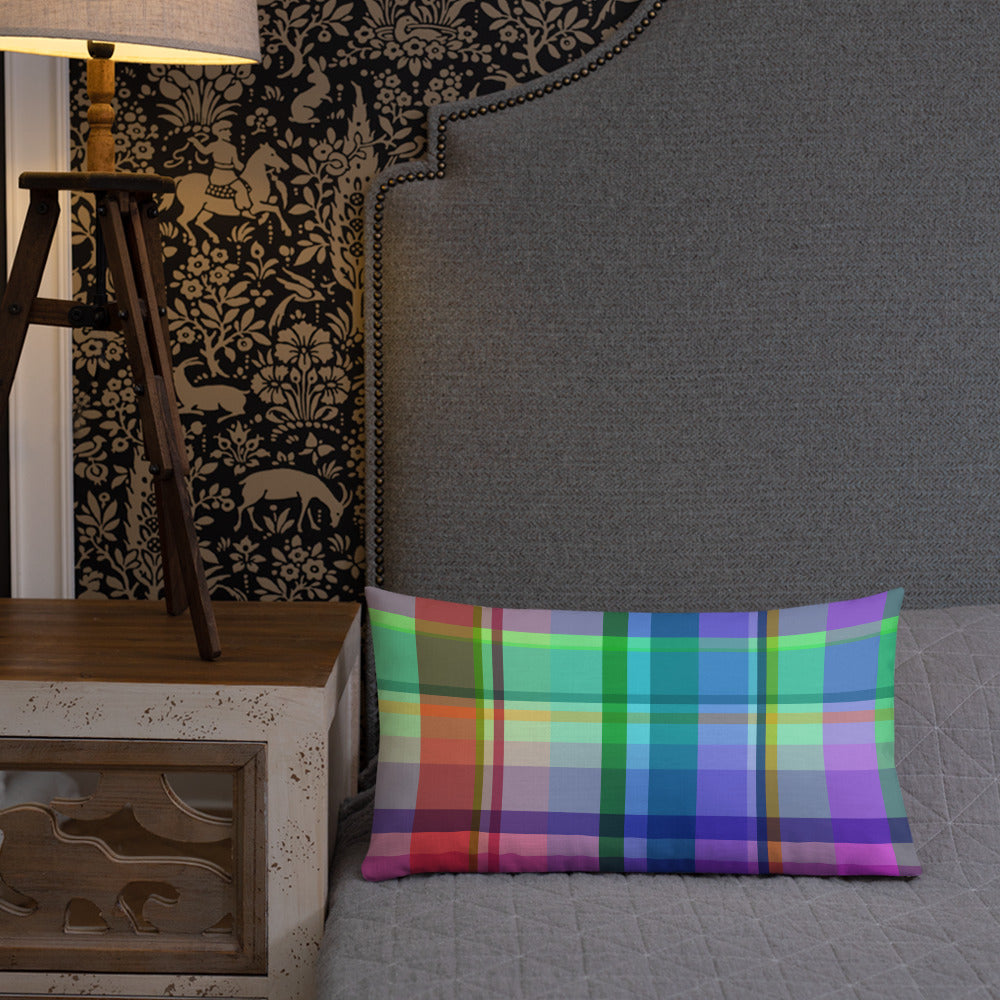Galactic Spectrum Premium Accent Pillow in a bedroom setting, adding a celestial touch to the bedding ensemble.