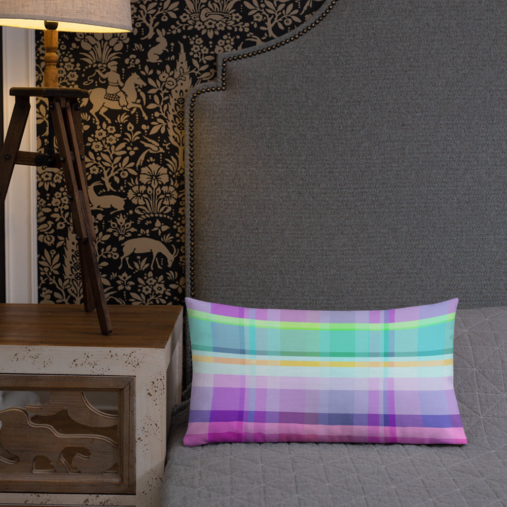 Side view of the Vibrant Color Blocks Premium Accent Pillow, displaying its stylish color block pattern.