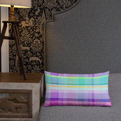 Side view of the Vibrant Color Blocks Premium Accent Pillow, displaying its stylish color block pattern.