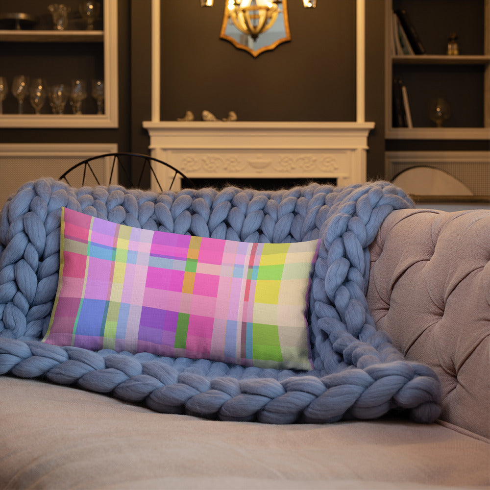 Premium Accent Pillow with Rainbow Boxed Design in living room.