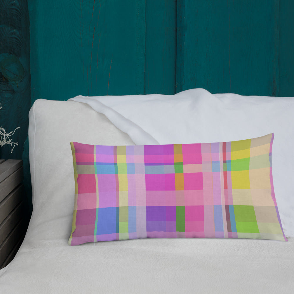 Close-up of the colorful Rainbow Boxed Delight Pillow.
