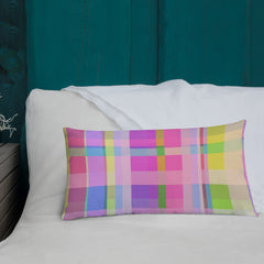 Close-up of the colorful Rainbow Boxed Delight Pillow.