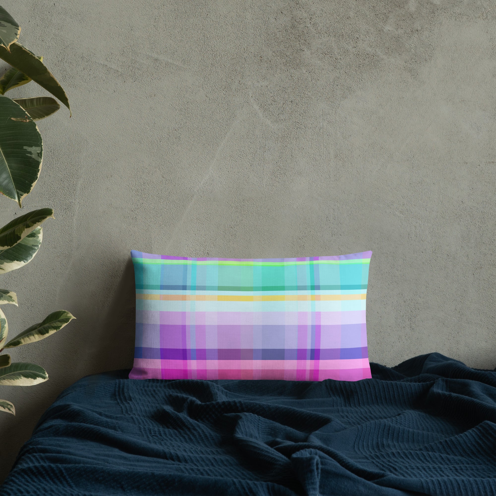 Vibrant Color Blocks Premium Accent Pillow placed on a bed, creating a cozy and inviting atmosphere.