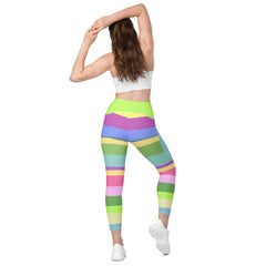 Vivid rainbow cascade pattern on stylish crossover leggings.