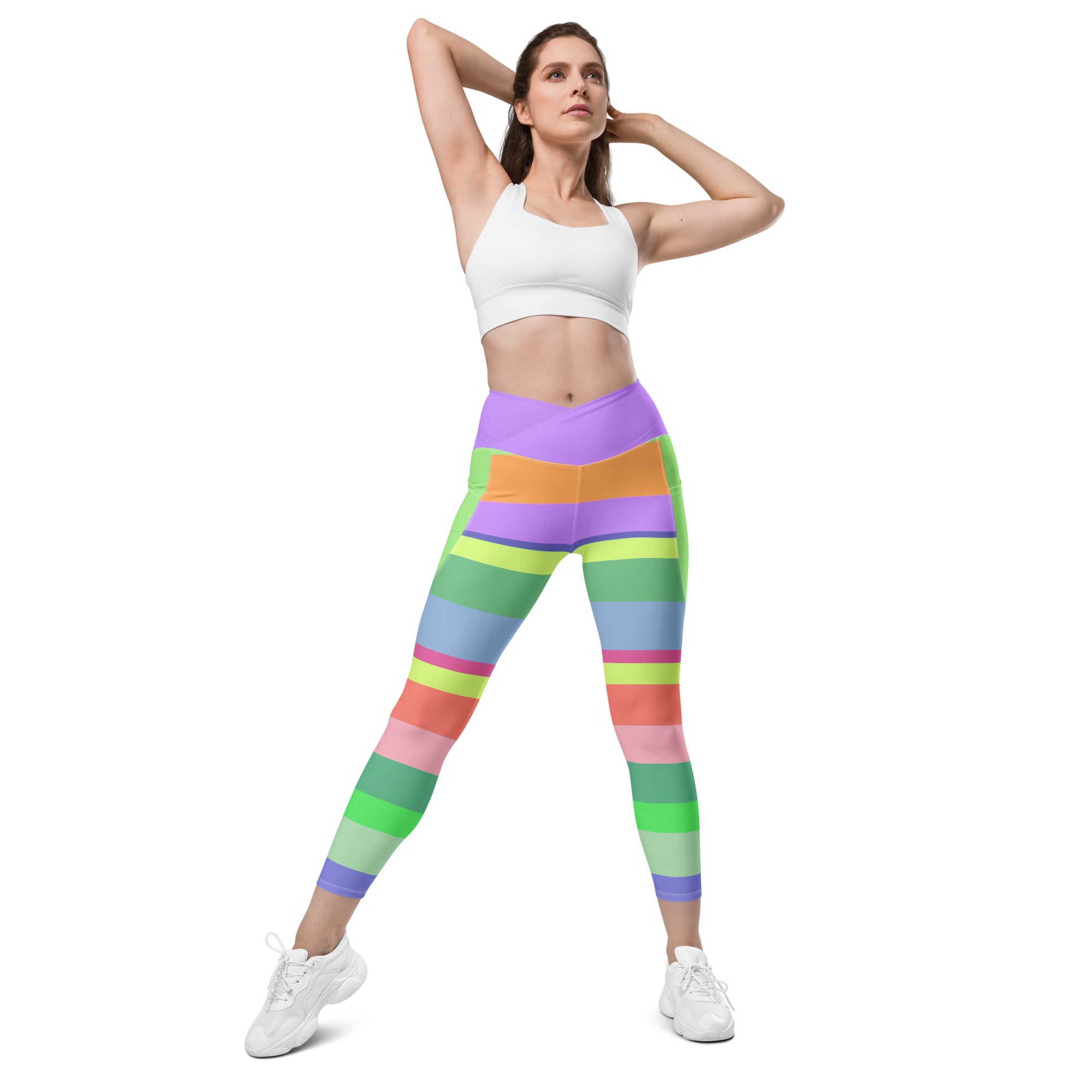 Carnival Confetti Crossover Leggings on model during a fun workout.