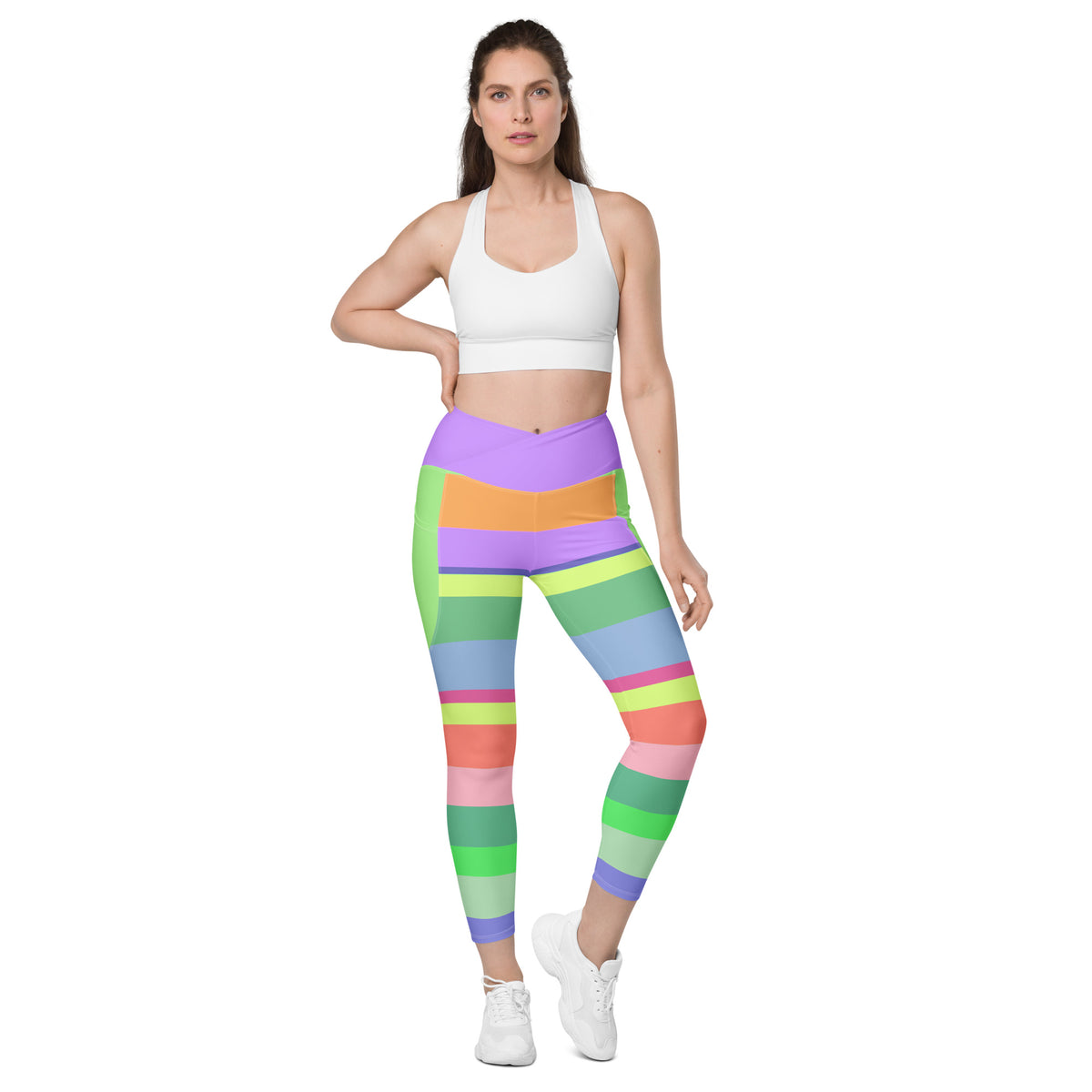 Carnival Confetti Crossover Leggings on model during a fun workout.