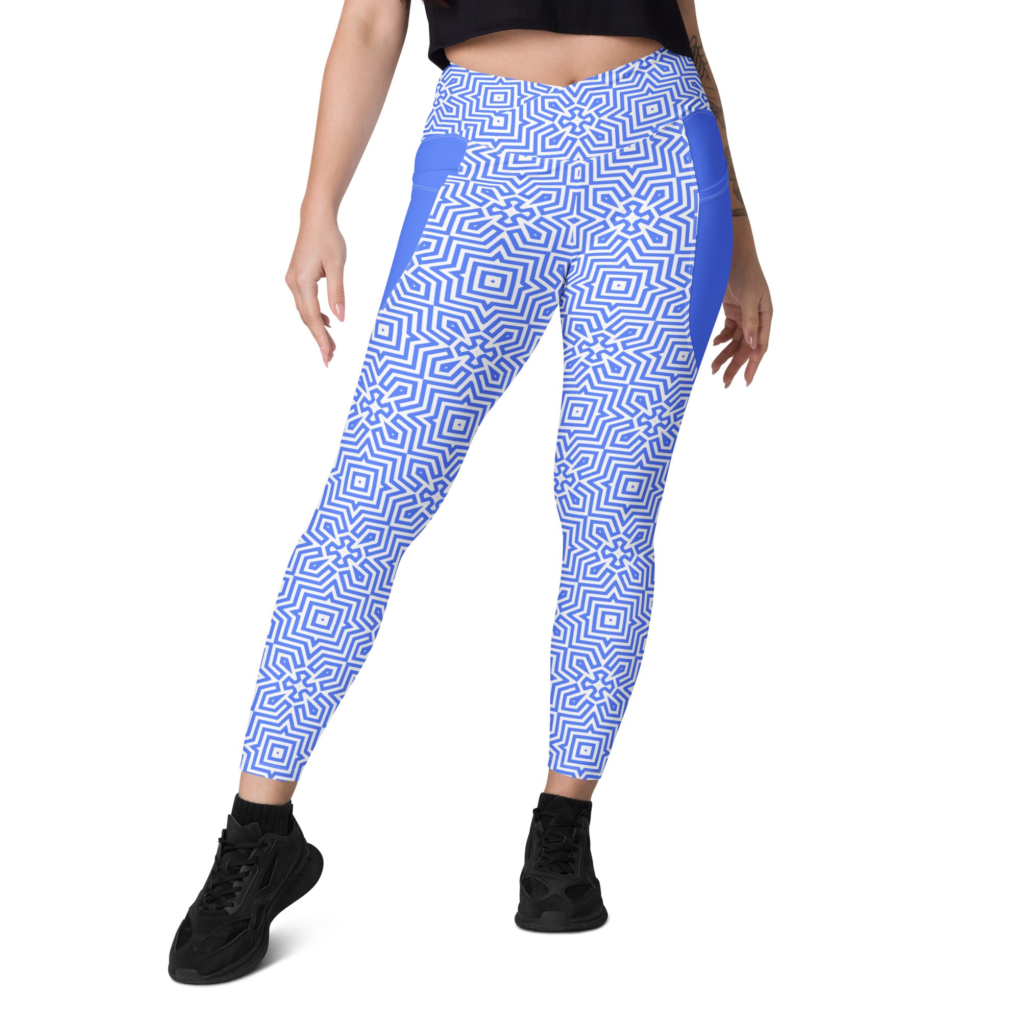 Chevron-patterned crossover leggings with side pockets.