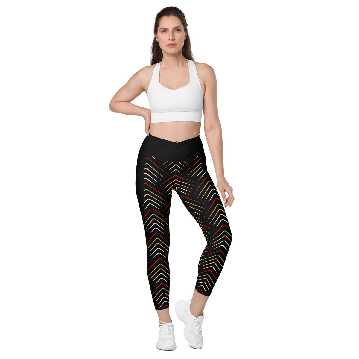 Ethnic pattern crossover leggings with side pockets.