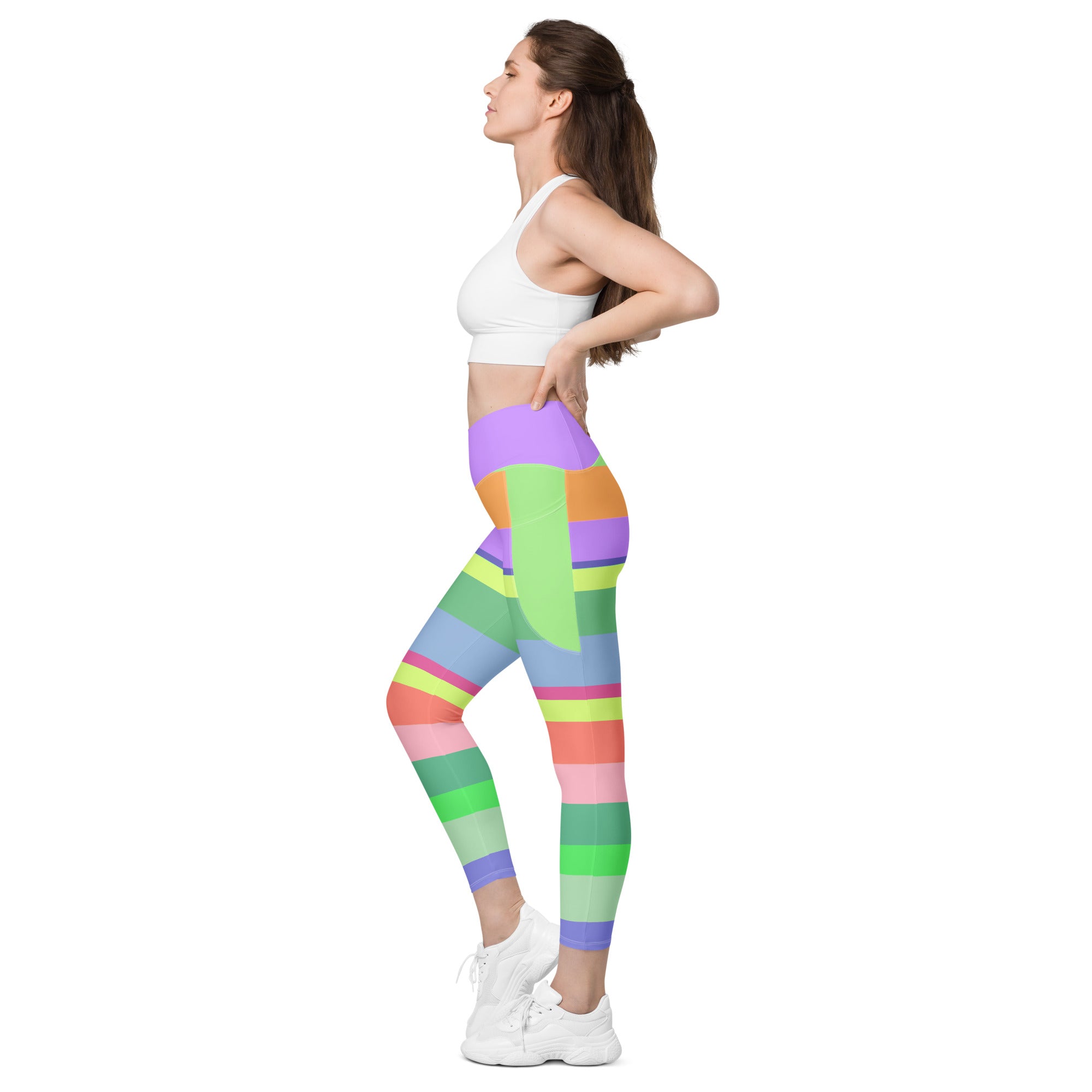 Carnival Confetti Crossover Leggings on model during a fun workout.