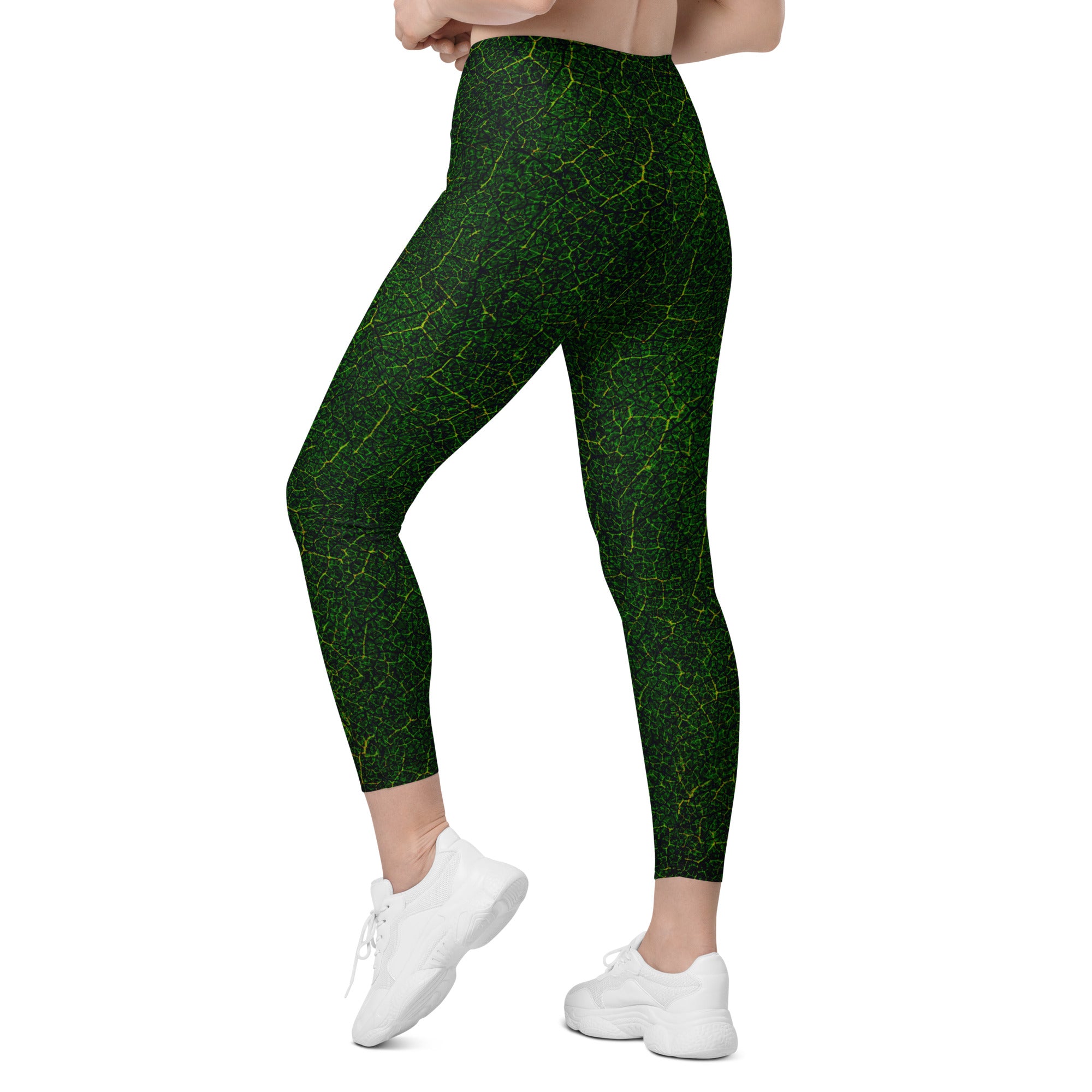 Active look featuring Botanical Bliss Crossover Leggings during a yoga session outdoors, highlighting their flexibility and nature-inspired pattern.