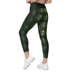 Side view of mosaic crossover leggings with functional pockets