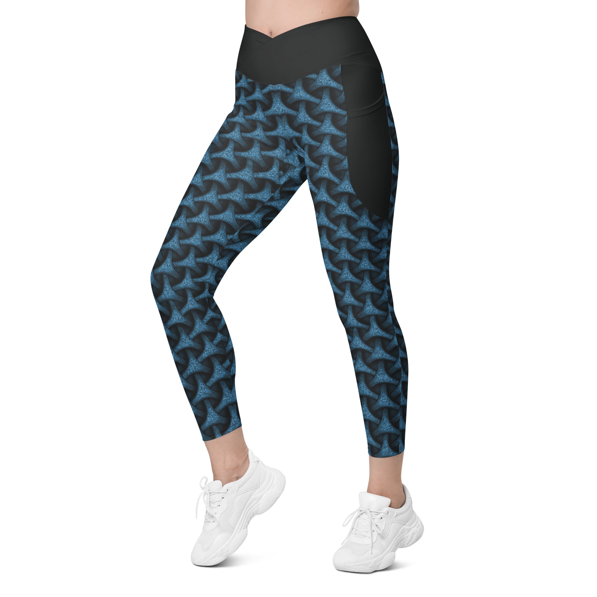 Galactic Glow Tristar Leggings with pockets, perfect for carrying essentials on a run.