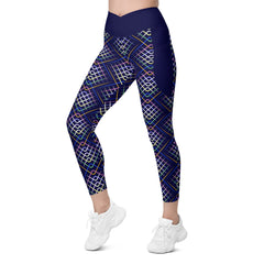 Close-up of Geometric Delight crossover leggings with pockets.