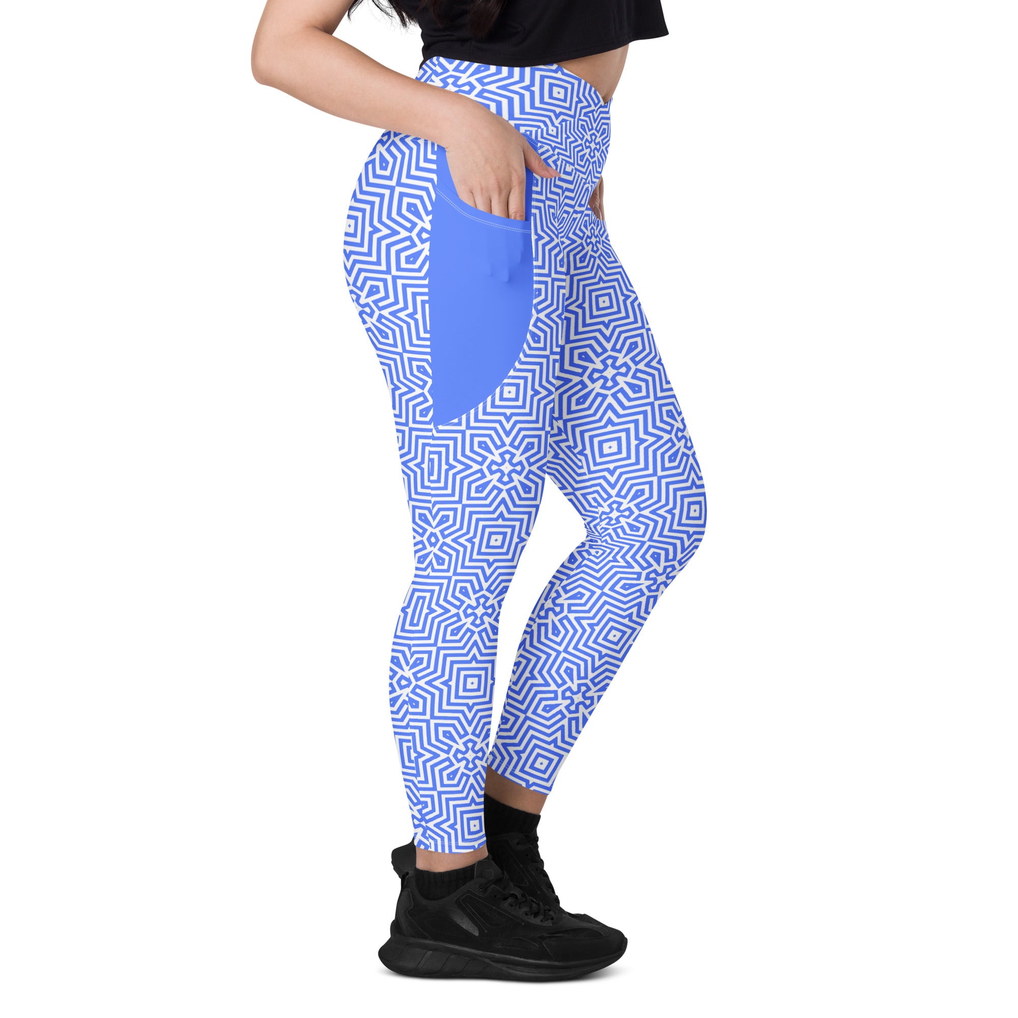 Stylish and functional chevron leggings with crossover feature and pockets.