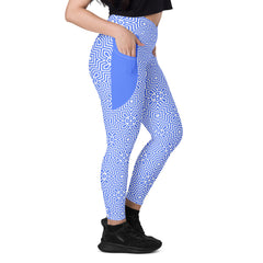 Stylish and functional chevron leggings with crossover feature and pockets.