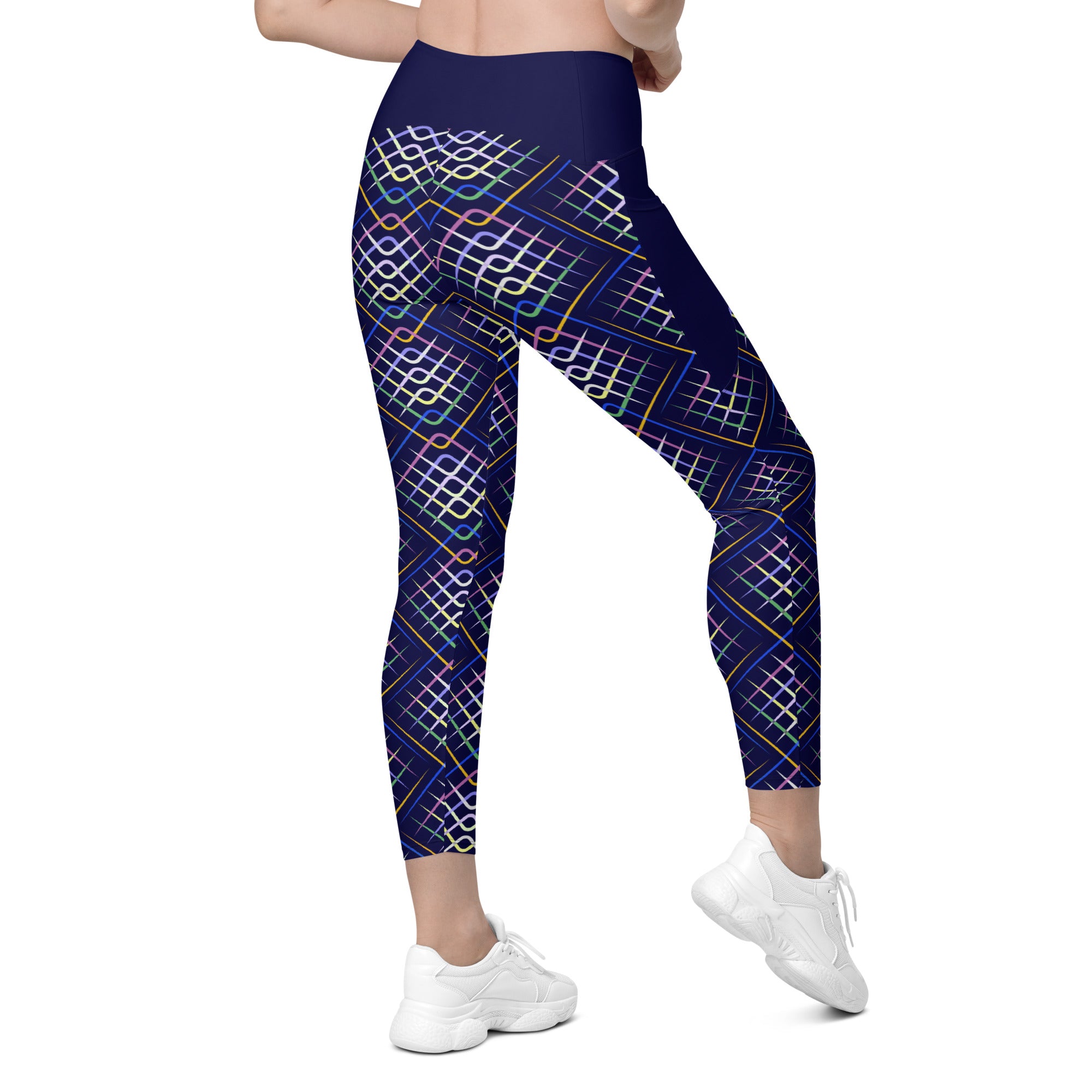 Rear view of Geometric Delight crossover leggings showing pocket detail.