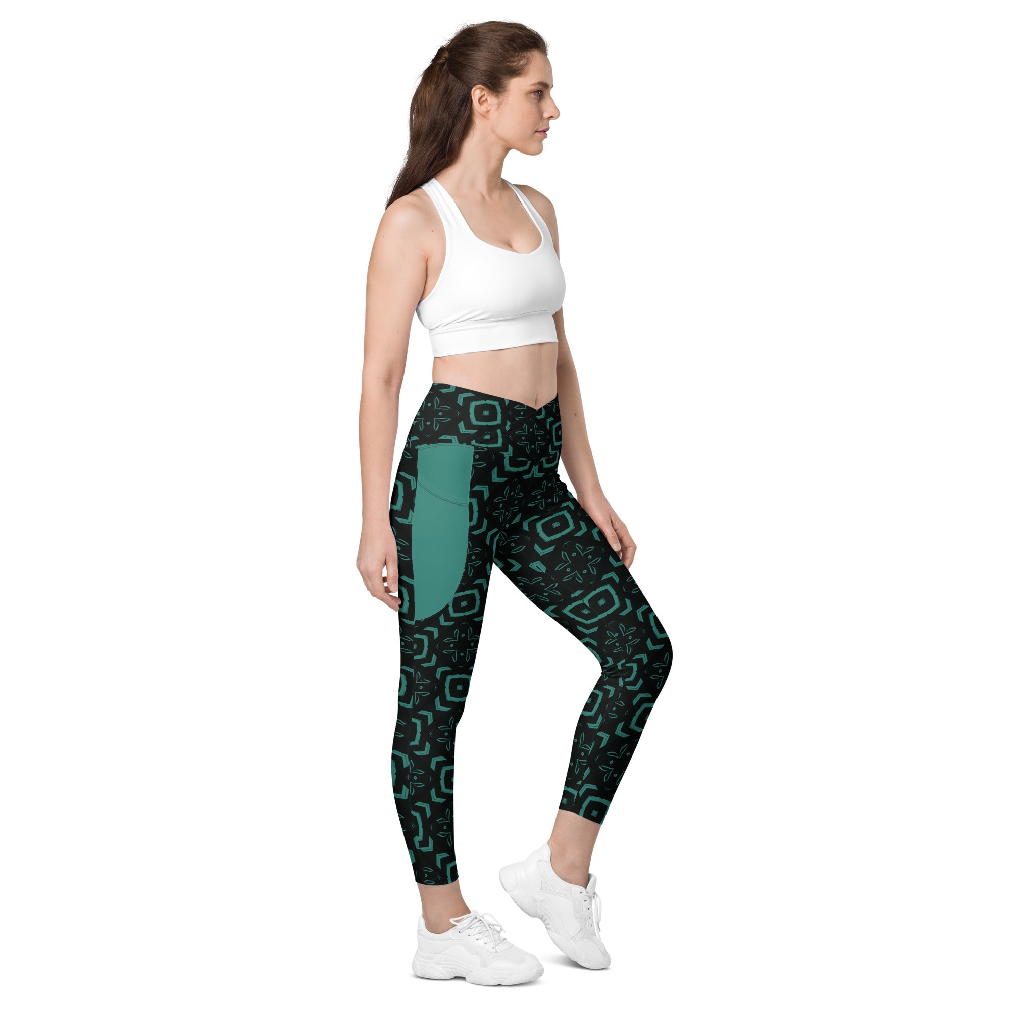 Rhythmic Waves All-Over Print Crossover Leggings With Pockets