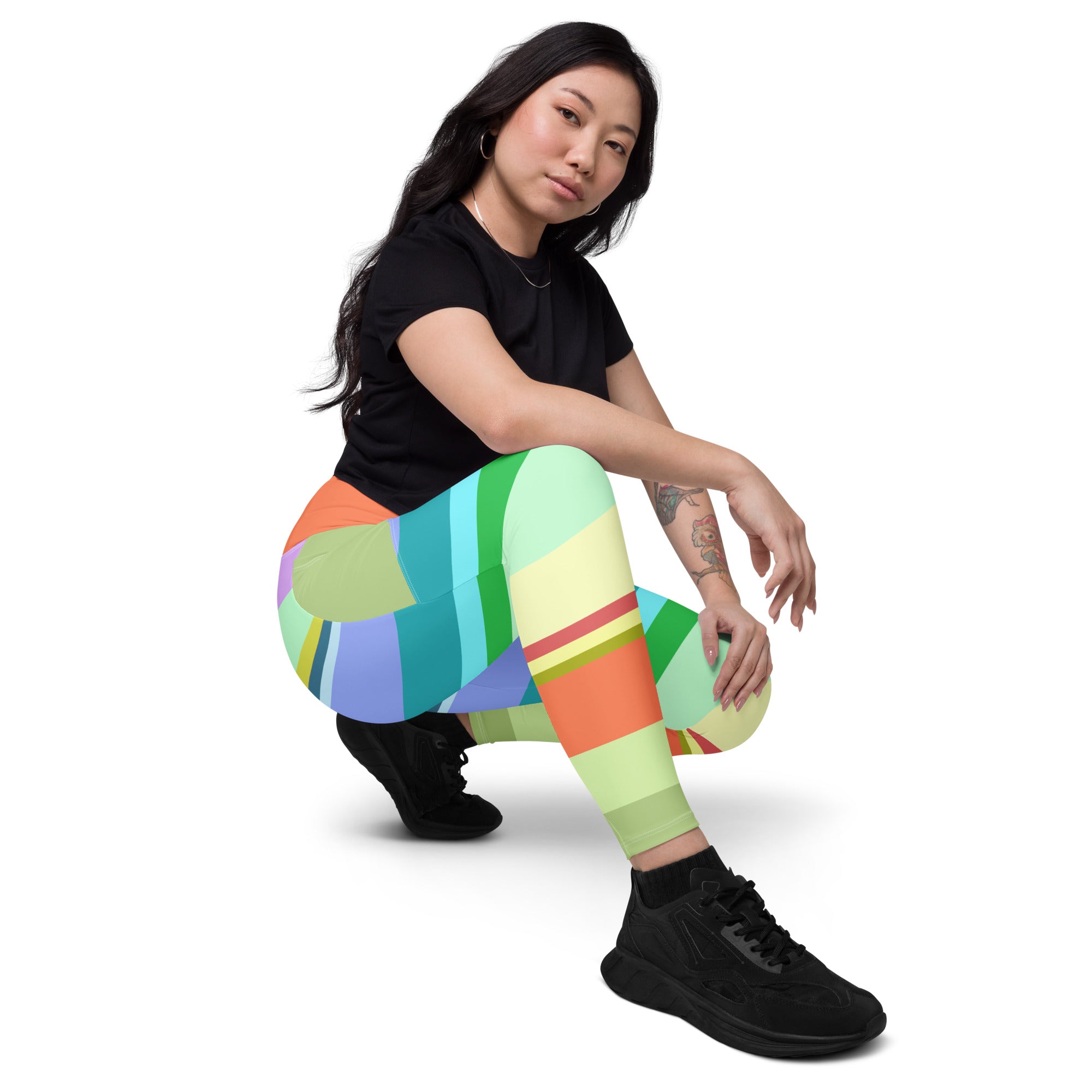 Colorful, retro rainbow design on the Crossover Leggings.