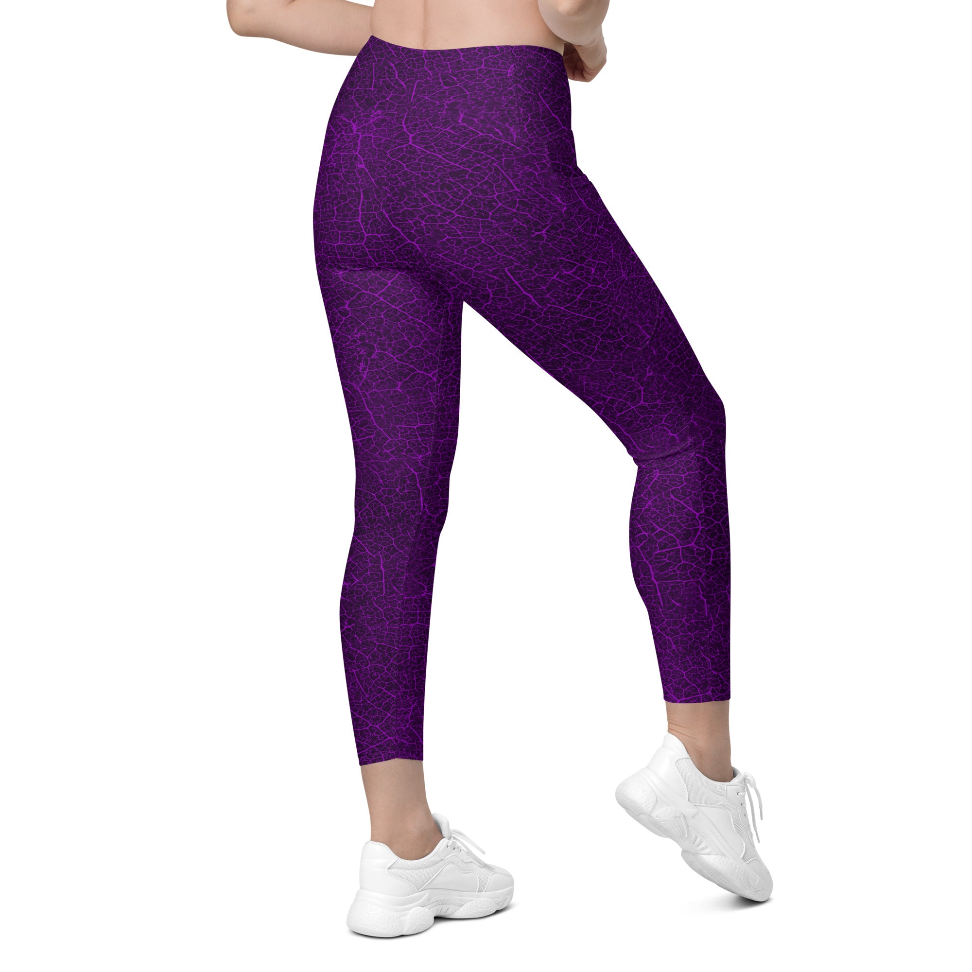 Eco-inspired serene woodland leggings featuring leaf textures and pockets for the outdoor enthusiast.