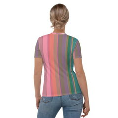 Rainbow Cascade Colorful Stripe All-Over Print Women's Crew Neck T-Shirt