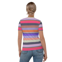 Tropical Bliss Colorful Stripe All-Over Print Women's Crew Neck T-Shirt