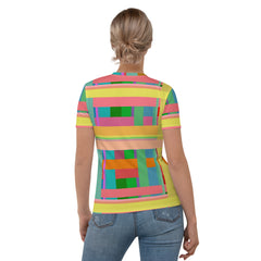 Vibrant and soft crew neck t-shirt adorned with a cascading rainbow design, ideal for brightening up any outfit.