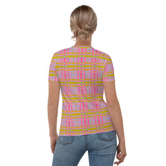 Stylish women's crew neck t-shirt featuring Galactic Matrix box stripes.