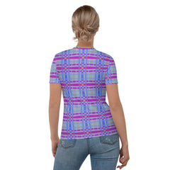 Close-up of Sunset Serenity Box Stripe Pattern on Women's T-Shirt.