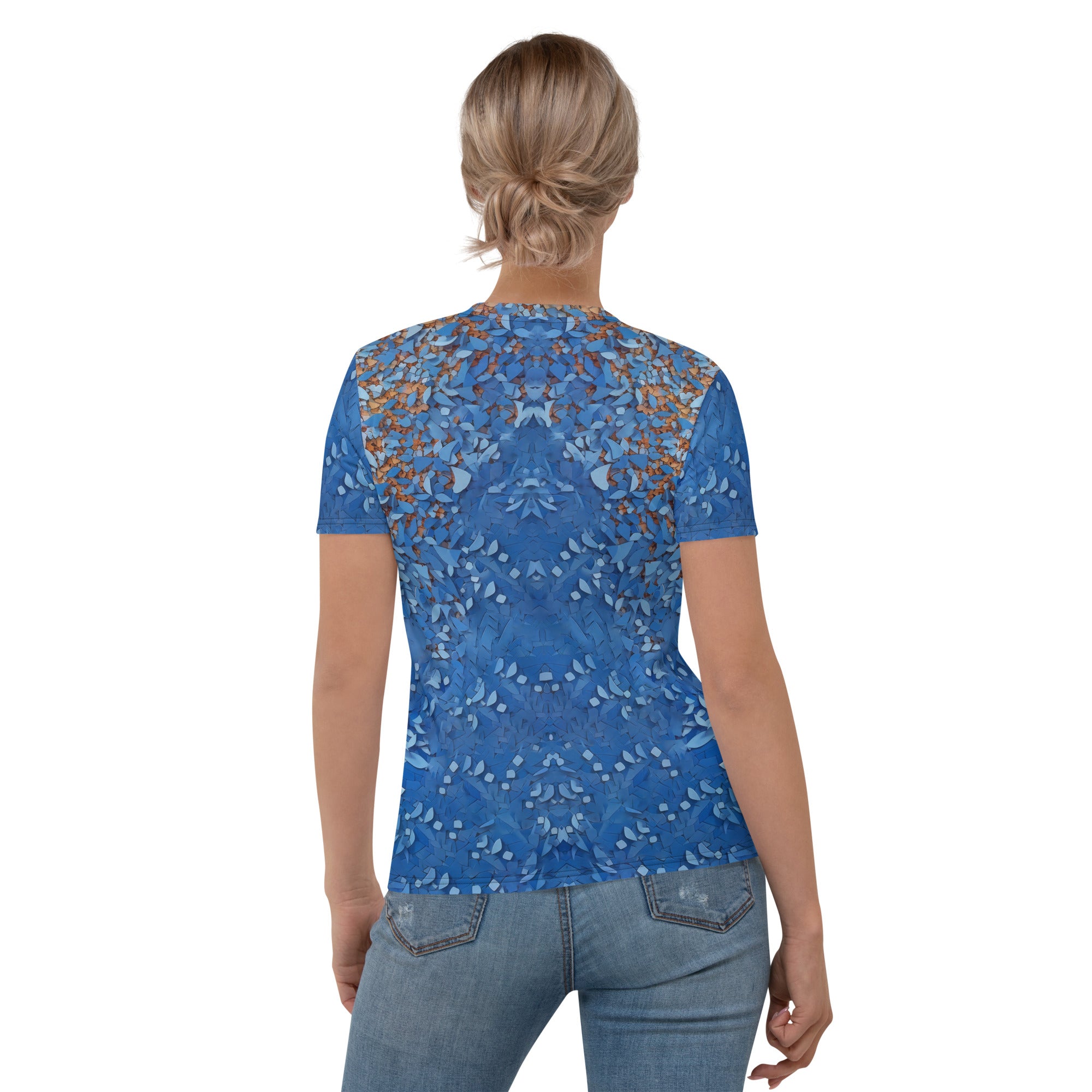 Woman wearing Serene Lotus Bloom Crew Neck T-Shirt, front view.