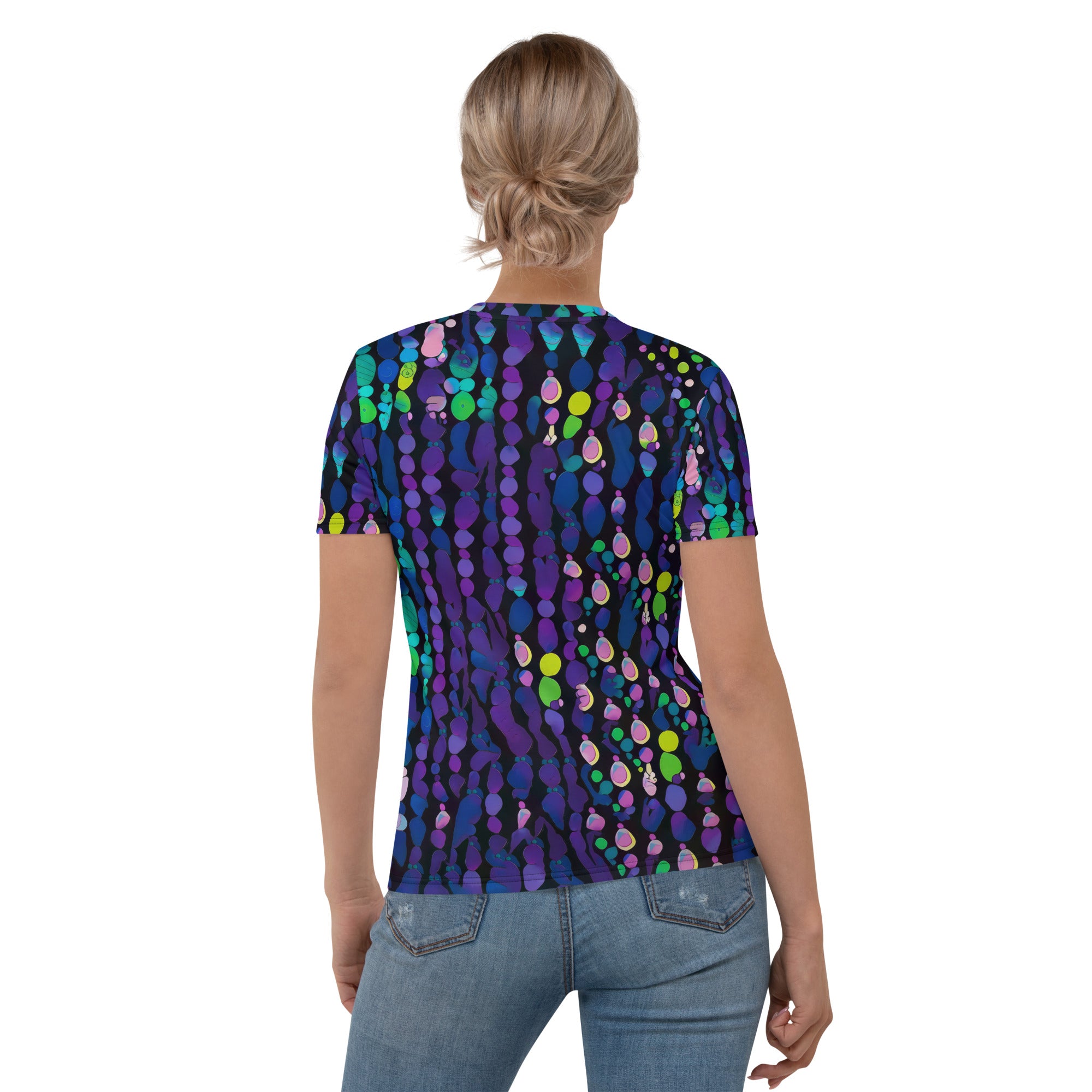 Colorful symphony pattern on women's crew neck t-shirt.