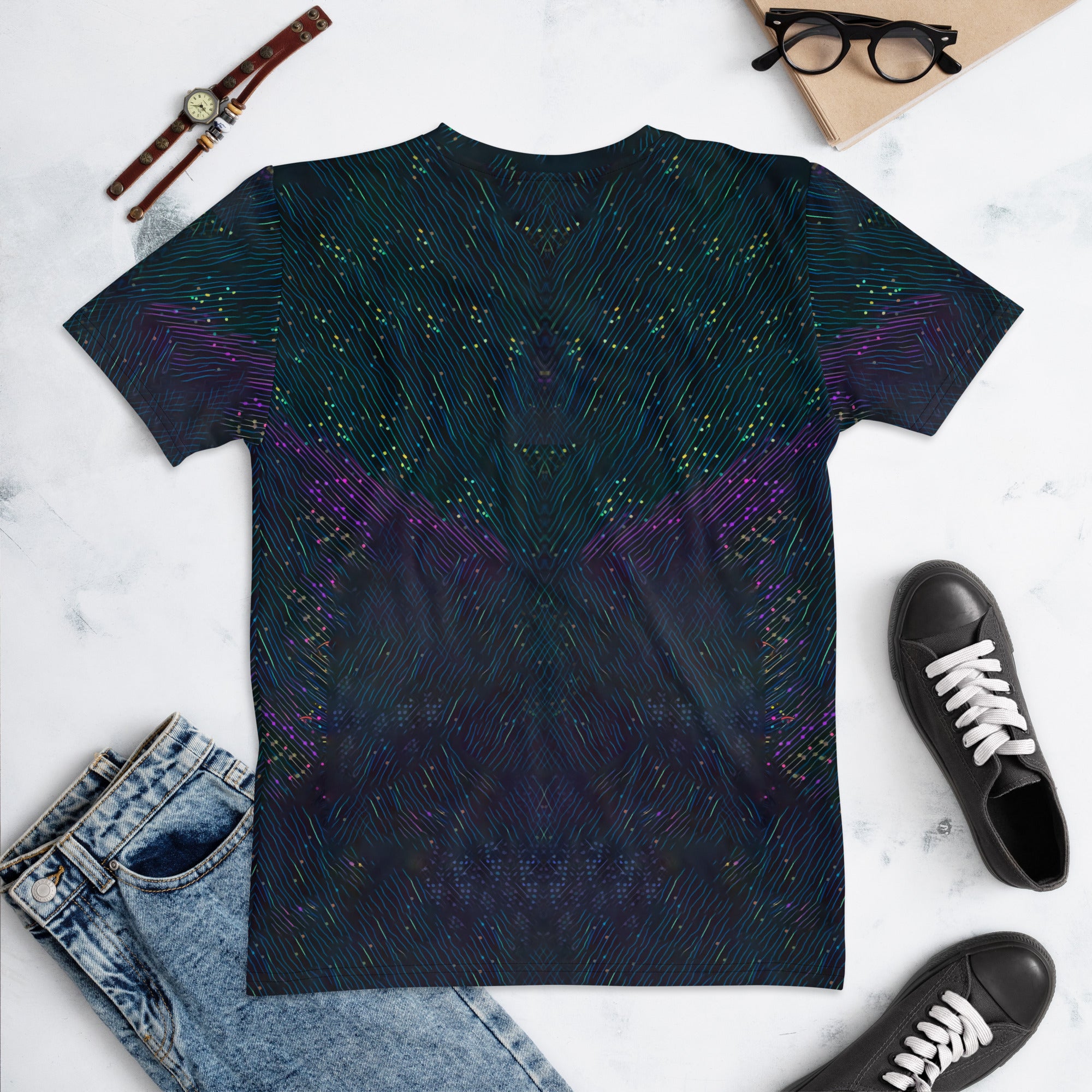 Trendy women's crew neck t-shirt featuring abstract pop fusion art.