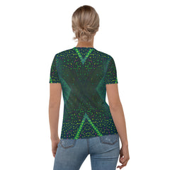 Stylish women's crew neck featuring abstract art design.