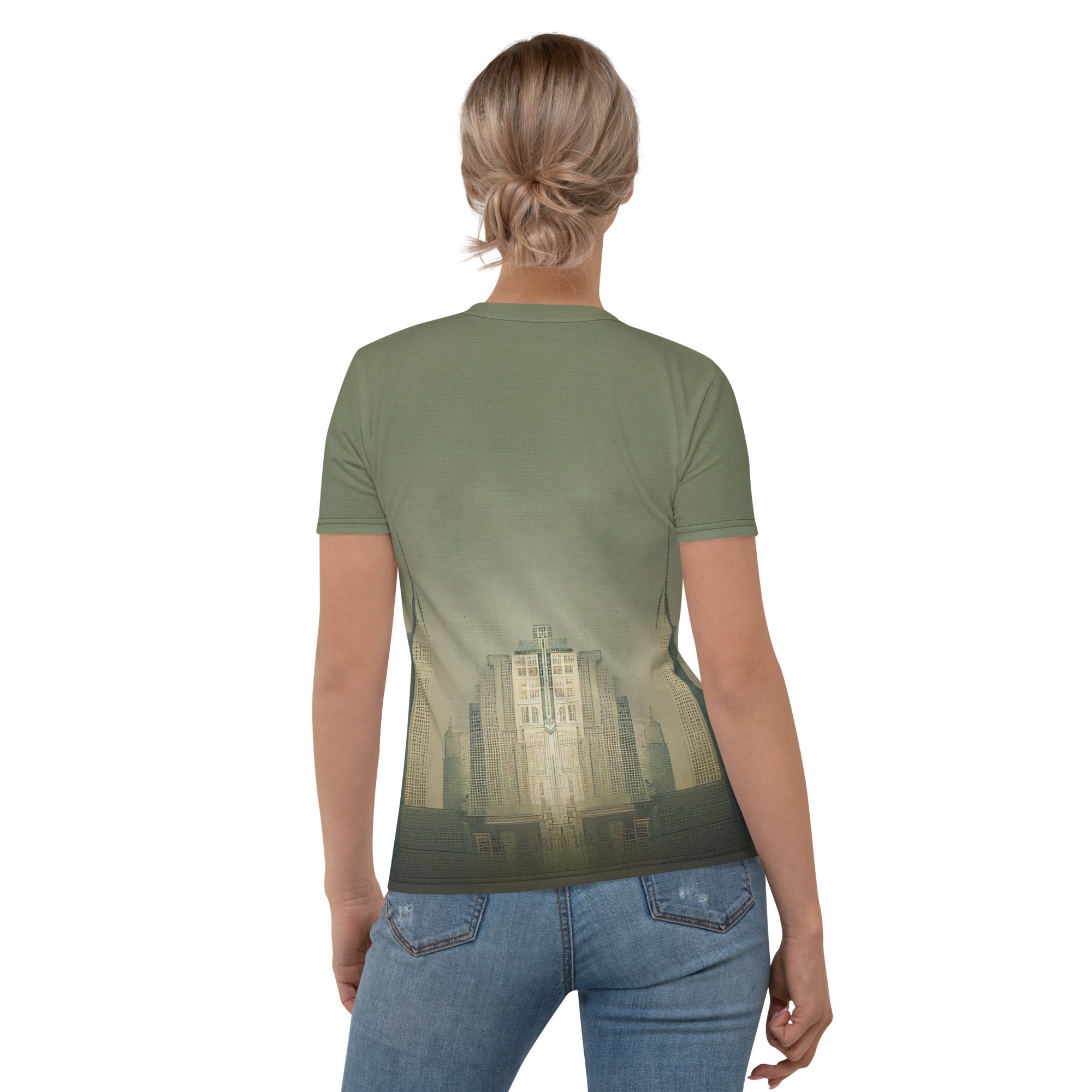 Stylish women's crew neck featuring Urban Serenity pattern.