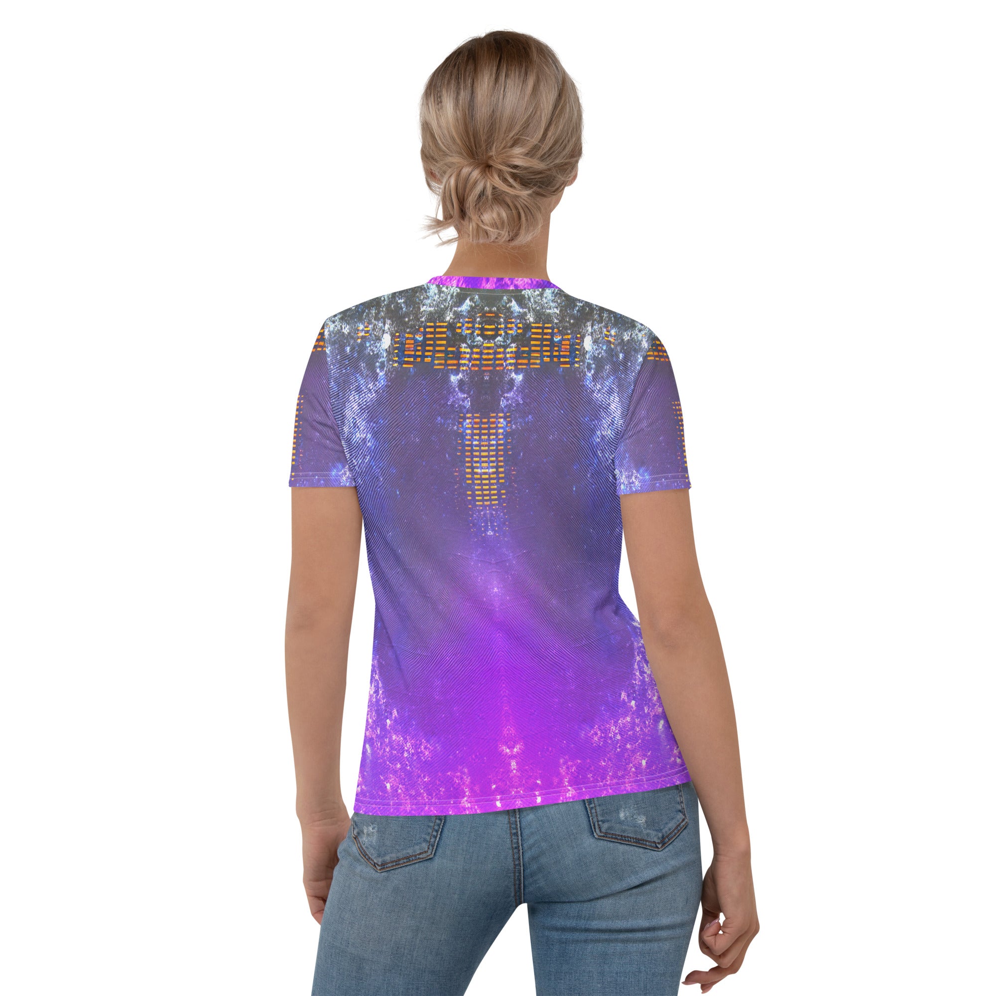 Stylish women's crew neck featuring Tranquil Forest pattern.