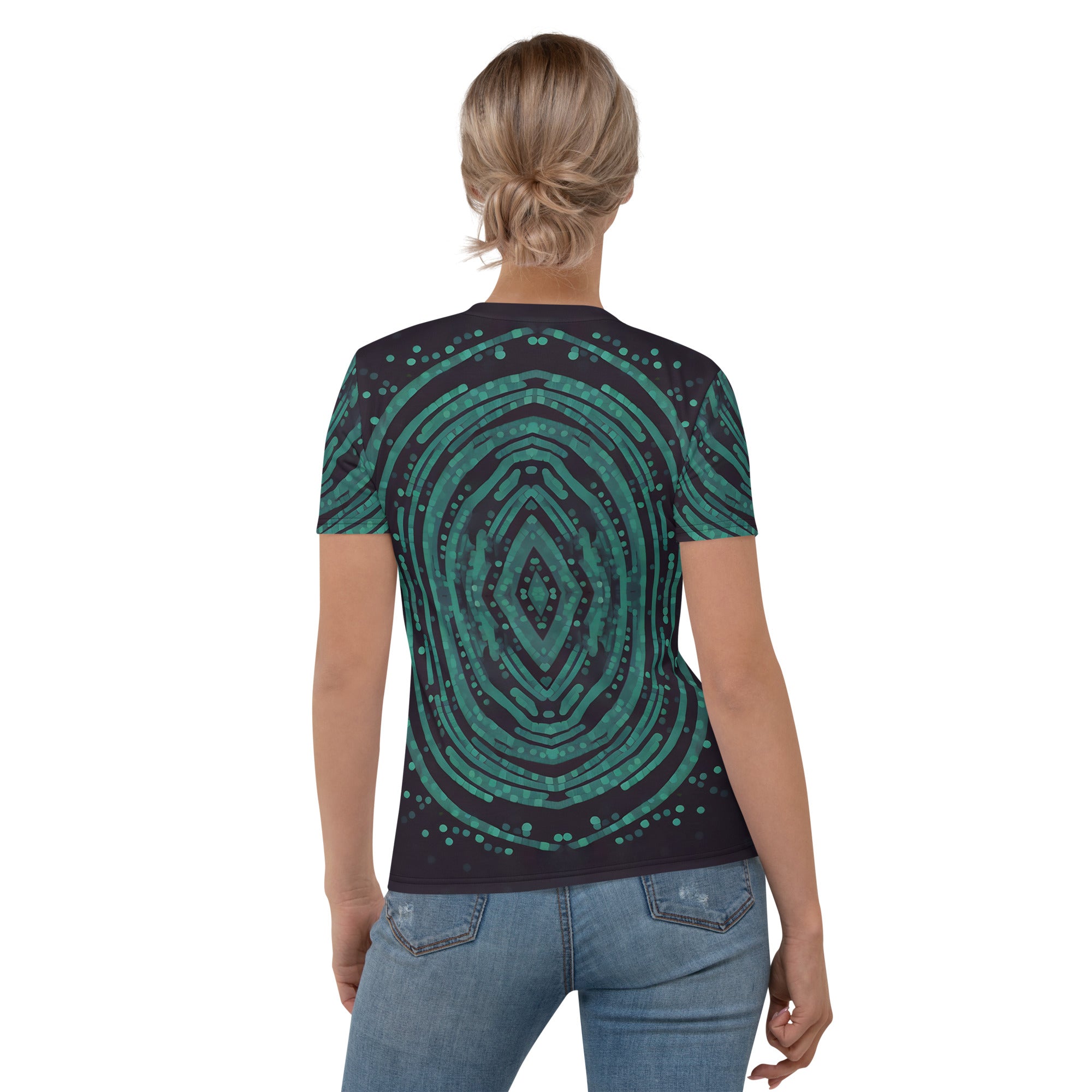 Women's crew neck showcasing artistic abstract patterns.