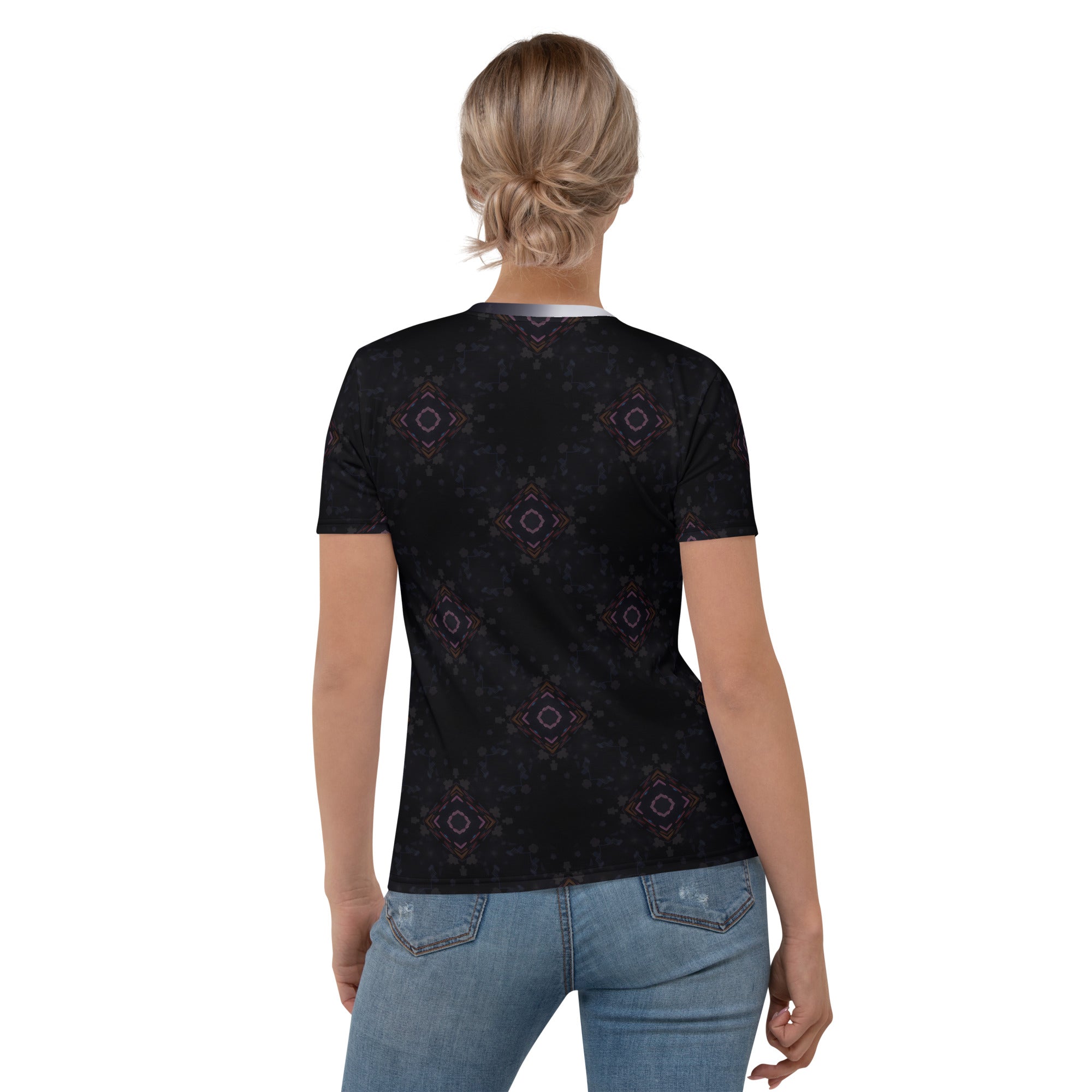 Cozy women's T-shirt featuring autumn leaves pattern.