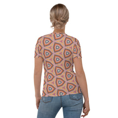 Close-up of Tribal Fusion print on women's tee