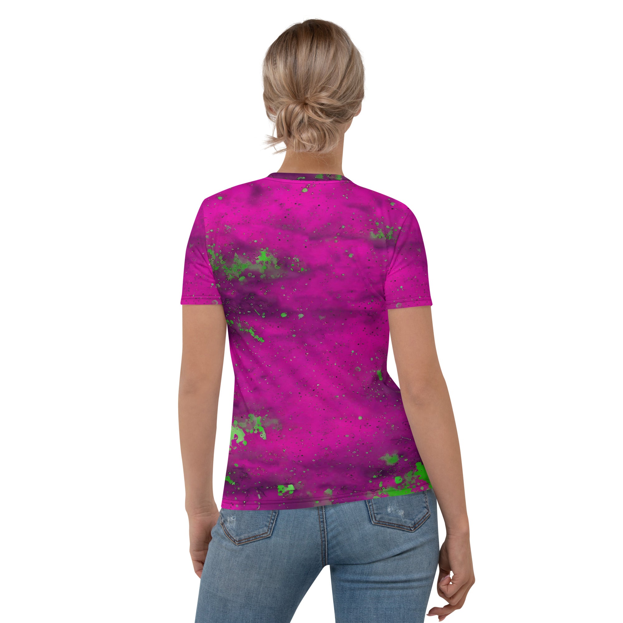 Stylish wine spill pattern on women's casual tee.