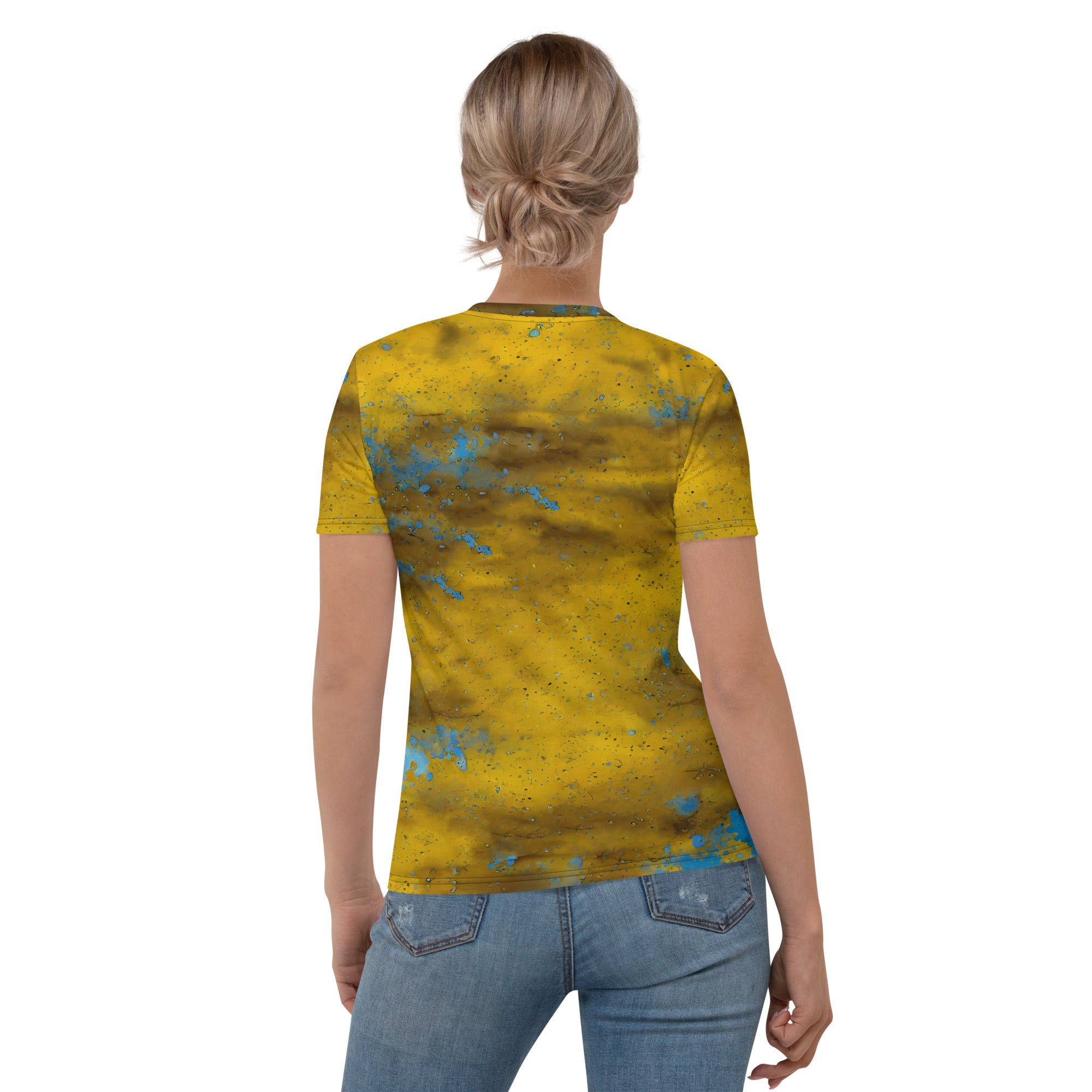 Nature-inspired grass stain design on women's T-shirt.