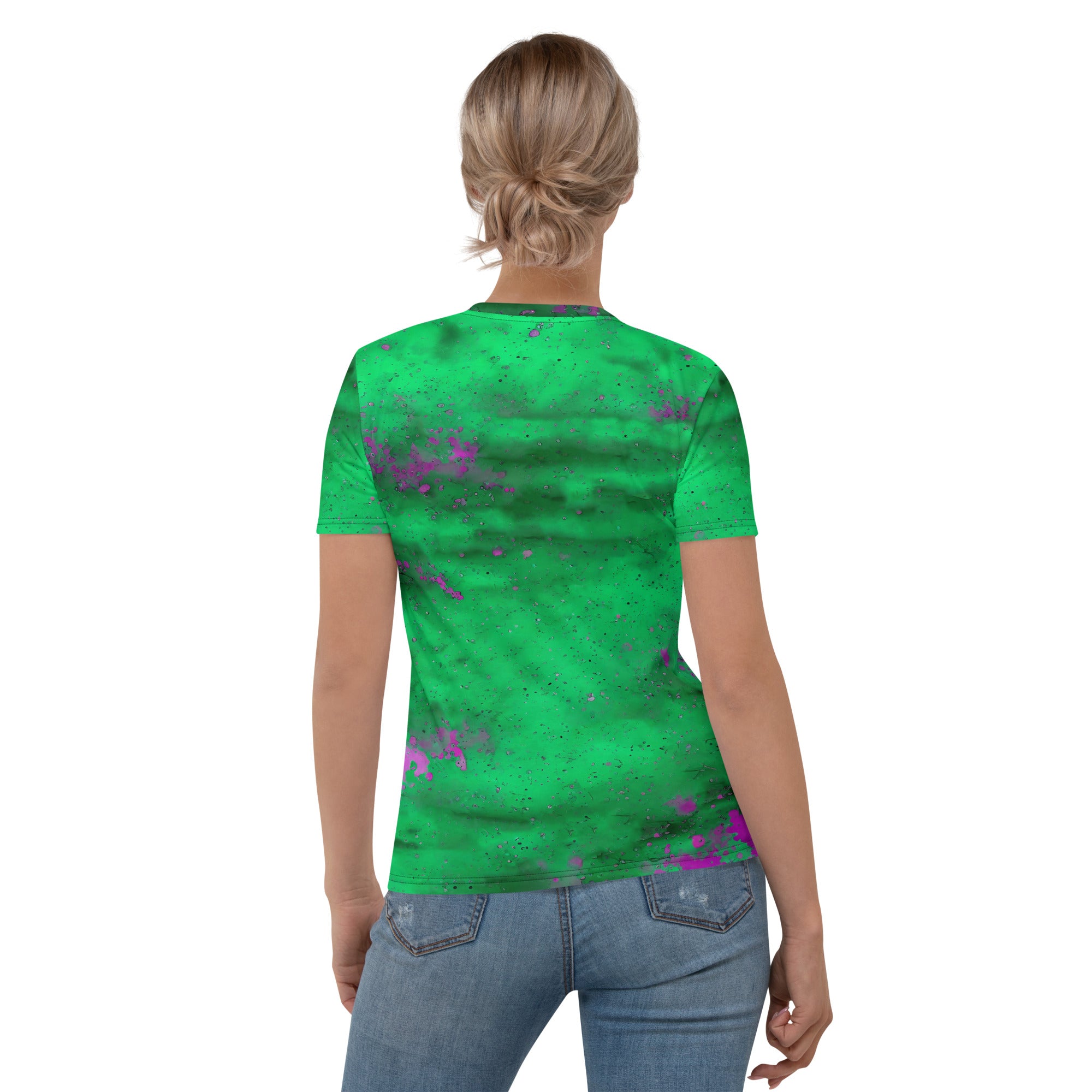 Casual mud splatter pattern on women's crew neck tee.