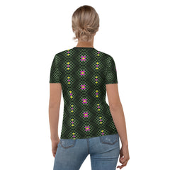 Close-up of abstract pattern on women's t-shirt