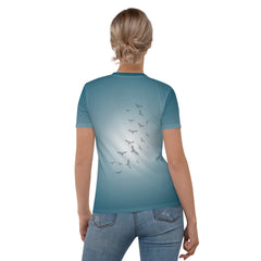 Close-up of Bewitched Broomstick design on women's crewneck tee