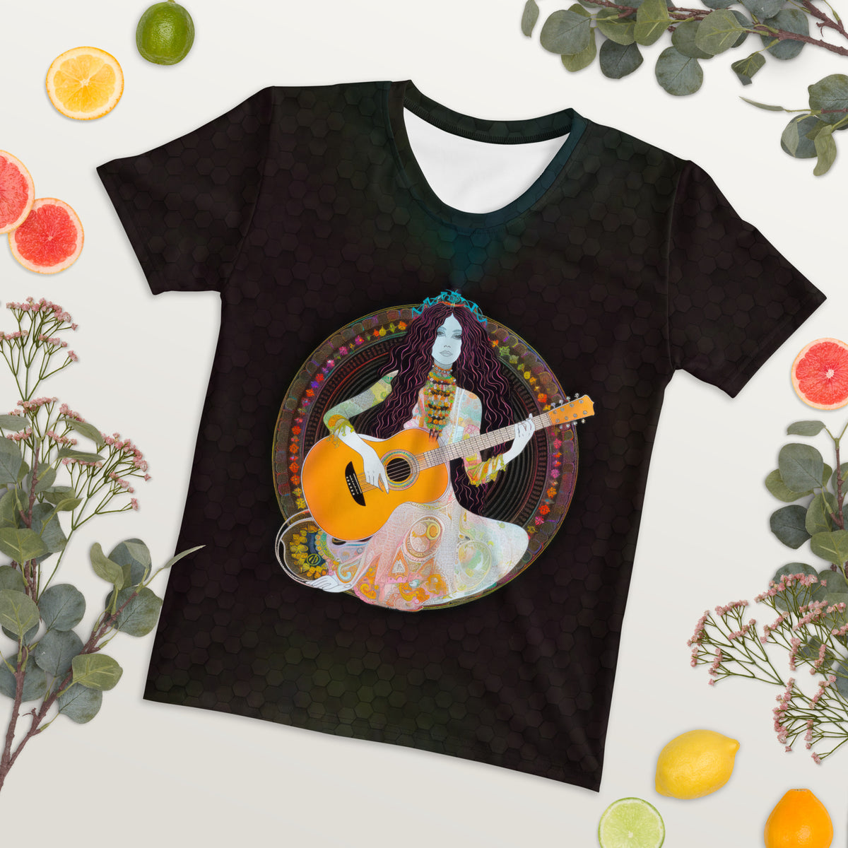 Whimsical Pop Fusion print on Women's Crew Neck T-Shirt.