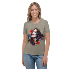 NS-989 women's t-shirt styled with jeans, lifestyle shot.