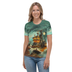 Woman celebrating Halloween in a Pumpkin Parade crew neck tee, showcasing festive chic.