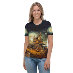 Mystical and chic women's t-shirt with bats in flight design, embracing the beauty of the night sky.