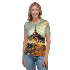 Woman wearing Haunted House Chic crew neck tee, merging spooky elegance with casual style.